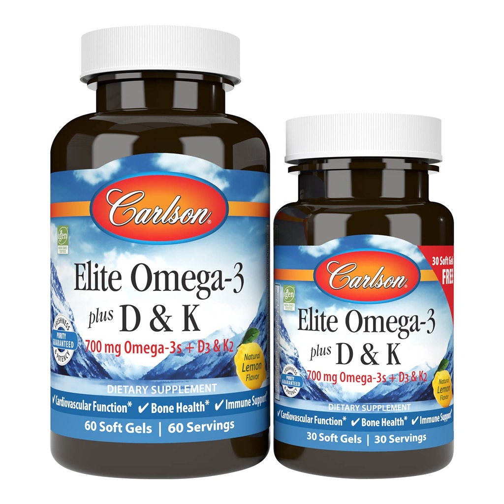Carlson - Elite Omega33 Plus D & K, 700 mg Omega-3s + D3 & K2, funkce, Kostní zdraví a imunitní podpora, Lemon, 60 + 30 Softgel