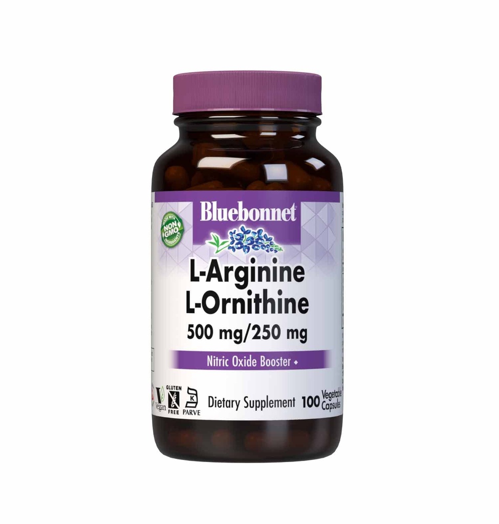 Bluebonnet Nutrition L- Arginine 500mg / L- Orinithin 250mg, podporuje metabolismus proteinů *, Soy- Free, gluten- Free, Non- GMO, Kosher Certified, Vegan, 100 Zeleninové kapsle