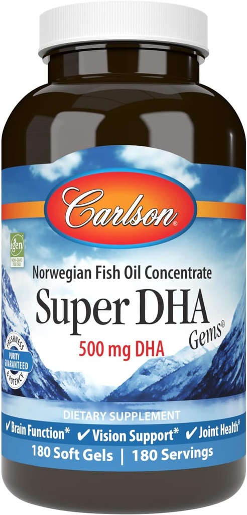 Carlson - Super DHA drahokamy, 500 mg DHA doplňky, 640 mg mastné kyseliny, Wild- chycen norský arctic Omega 3 doplněk rybího oleje, udržitelně sourced rybí olej kapsle, 180 Softgels