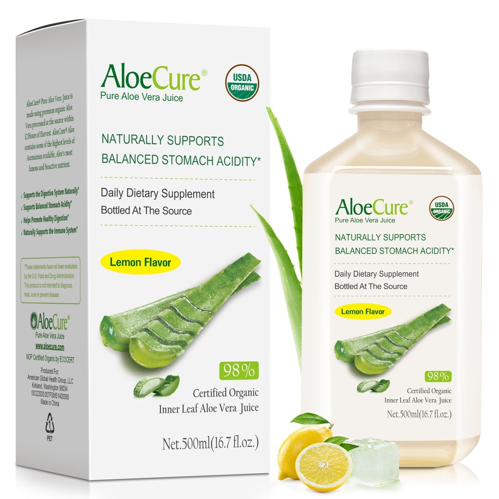 AloeCure USDA Organic Aloe Vera Juice Lemon Flavor - Vyrobeno do 12 hodin sklizně - Přírodní doplněk stravy pro vyváženou kyselost žaludku - Podpora trávicího a imunitního zdraví - 1 Btl x 16.7oz