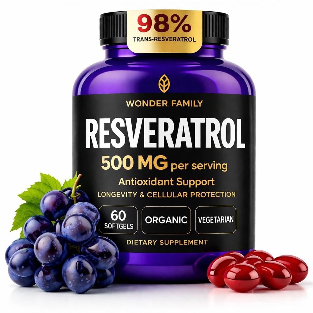 Resveratrol dodatek 500mg - 98% Trans Resveratrol 1000mg Organic Complex - NAD Resveratrol Antioxidants & Anti Aging dodatek pro srdeční zdraví, Memory Lift, Wellness Formule, Zdravá buněčná podpora