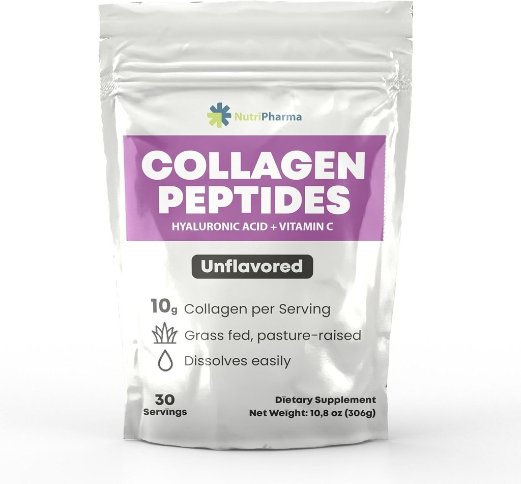 Kolagen Peptidy Prášek s kyselinou hyaluronovou a vitaminem C, Promotes vlasy, hřebík, kůže, kosti a společné zdraví, Neochucený Kolagen Protein prášek, 30 Služeb, 10,8 oz