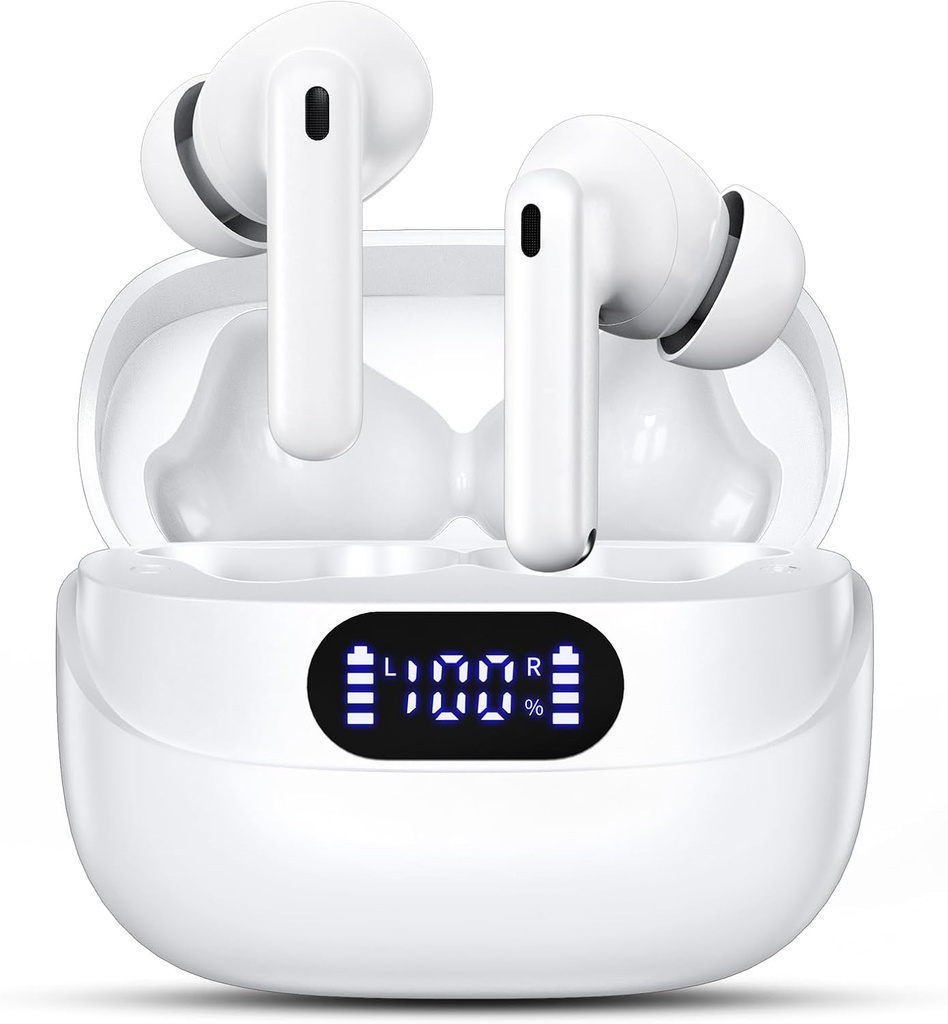 Bezdrátové sluchátka, 42H Playtime Bluetooth 5.3 Sluchátka, HiFi Stereo Call Hluk Zrušení sluchátka, IPX7 Vodotěsné Stereo in- Ušní sluchátka s LED displejem pro iOS Android (White)