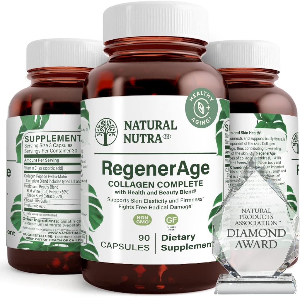 Natural Nutra Regenerage Kompletní doplněk pro zdraví pokožky s protein peptidy, Snižte Stretch Marks, Přispívá celkové zdraví, Vitamin C, Grape Seed Red Wine Extract, gluten zdarma, 90 Kapsle.