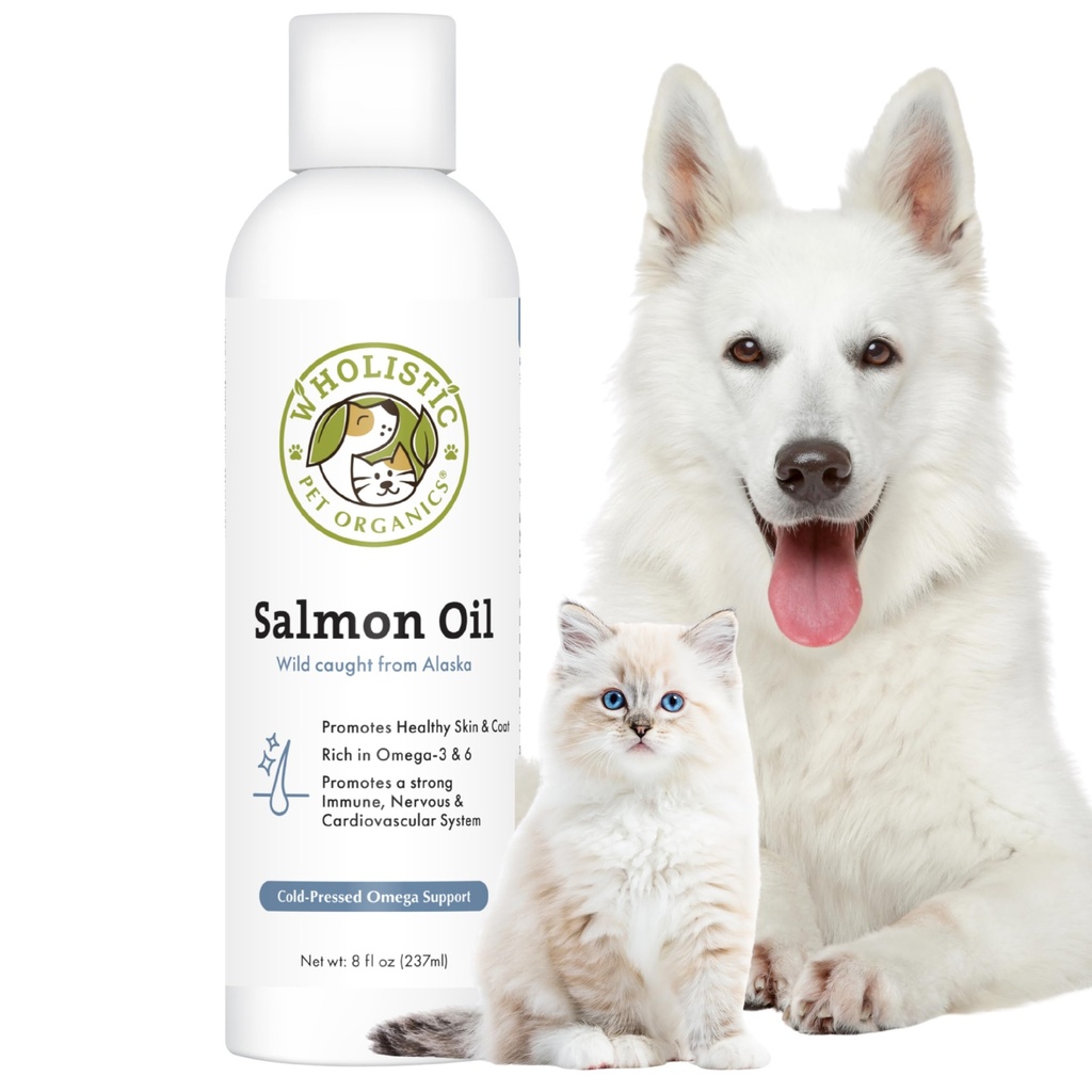Wholistic Pet Organics Salmon Oil: Deep Sea Wild Aljašský losos olej pro psy a kočky - Přírodní Omega 3 Dog Fish Oil Dodatek s EPA a DHA pro pleť, kabát, srdce a nervový systém zdraví