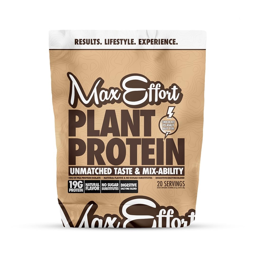 MAX EFFORT Plant Protein Powder, 19 G Pea Protein, Plant based, Gluten Free, Nízký karb, Protein Shake nebo Smoothie Mix, Výměna jídla, No Syrovátka, No Sugar Sub, Chocolate Butter, 20 Srvg