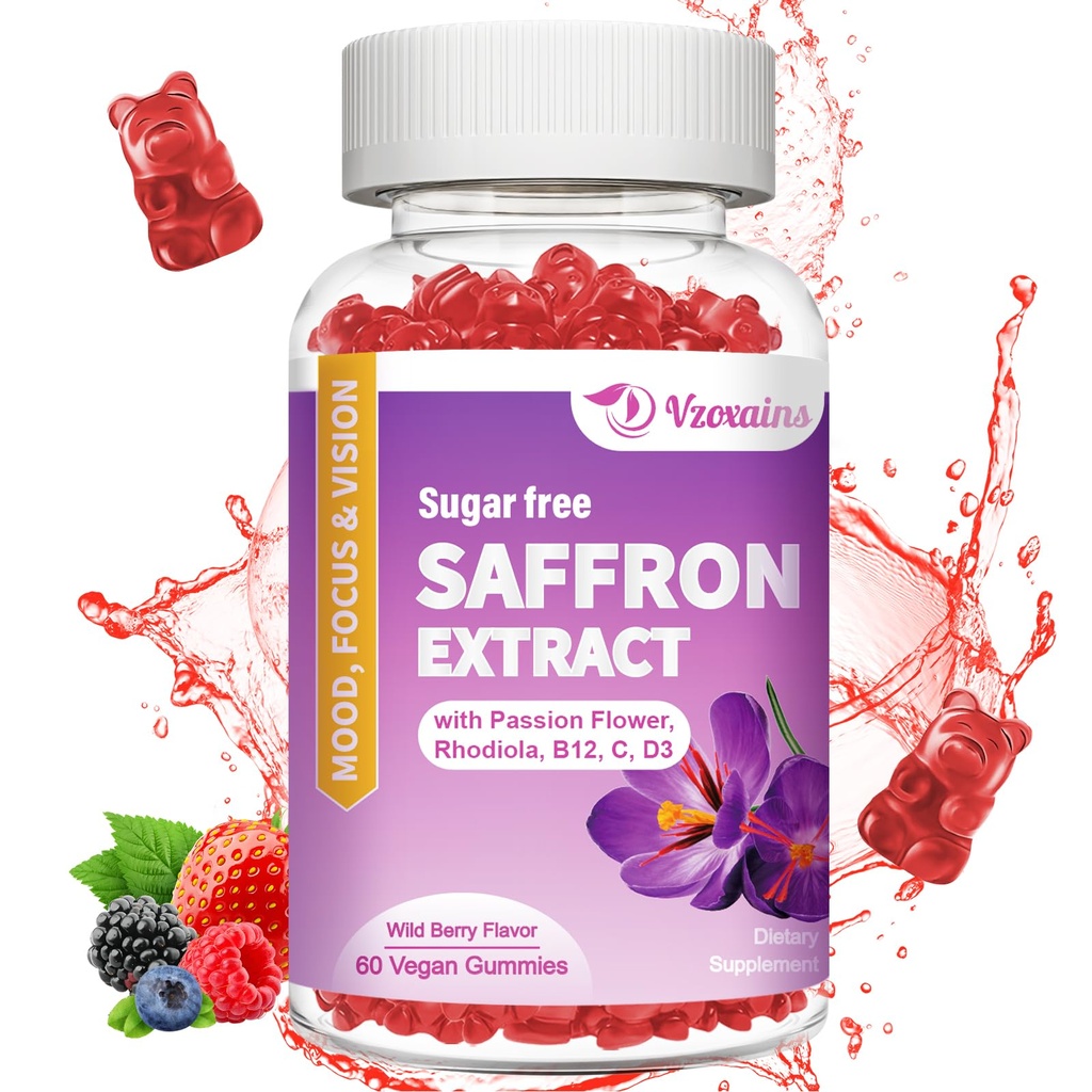 Saffron Gummies, 10 v 1 Saffron doplňky Gummies s hořčíkem, Ashwagandha & Rhodiola Rosea, Cukr zdarma Vegan smíšené Berry Flavor - 60Cts