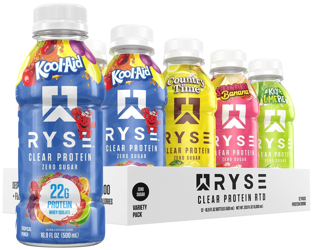 RYSE Clear Protein Drink - Variety Pack - 100 Calories, 22g Syrovátka izolát protein Shake, Sugar- Free, 0g Tuk & Lactose- Free - Občerstvení Ready- to- Drink Nápoje - 16.9 fl oz Lattles (12-Pack)
