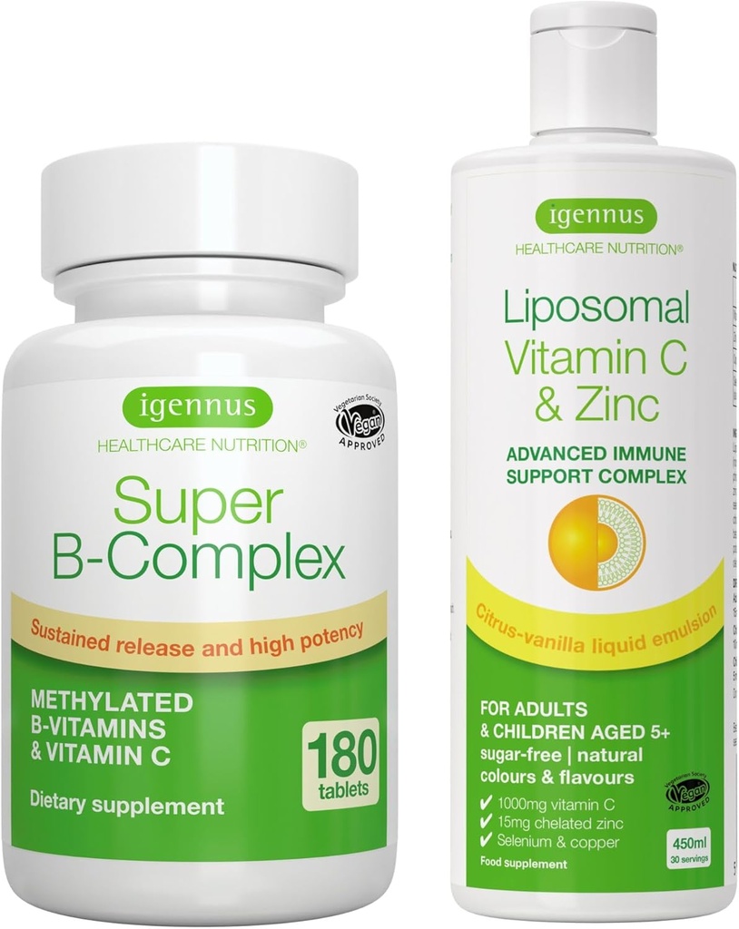 Super B- Complex + Liposomální vitamin C 1000mg & Zink Vegan Bundle, Methylovaný trvalý uvolňování B Complex & High Absorption Liquid Imunitary Support Complex, by Igennus