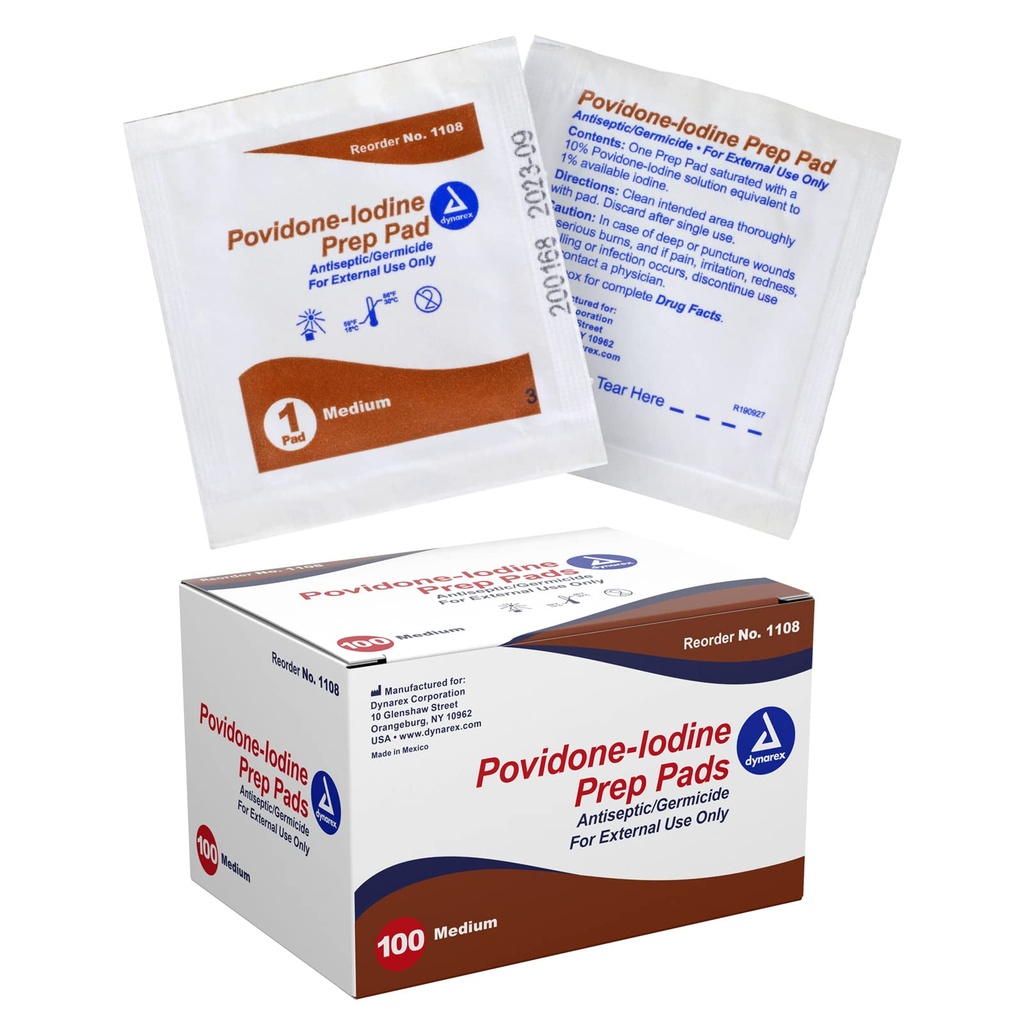 Dynarex Povidone- jód Prep Pads, Saturovaný s Povidon Jod 10%, Medical- Grade Antiseptic Wipes Used for Prepping Prior Minor Procedures, Medium, 1 Případ 100 Prep Pads