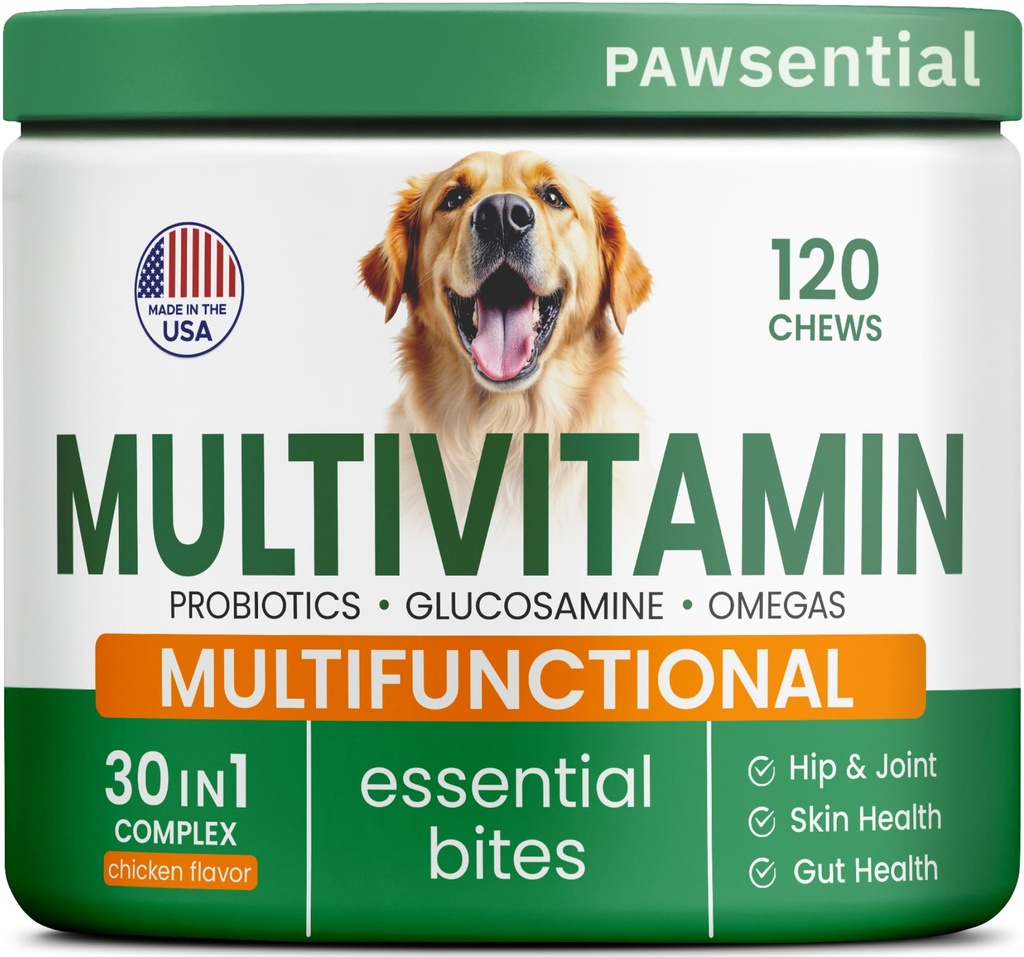 Pes Vitamíny + Glucosamine - Žvýkací Multivitamíny + Probiotika, Omega - Hip & Joint Support, Skin & Coat, Gut Health - Dospělý & Senior - Velké a malé plemeno - 120 Žvýkačky