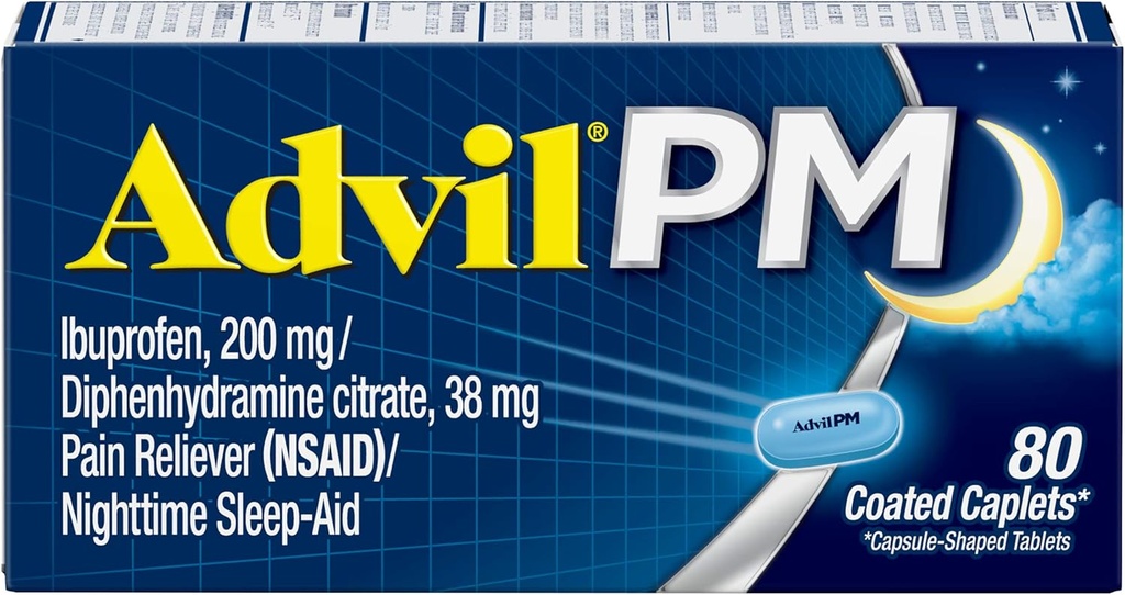 Advil PM Pain Reliever and Nighttime Sleep Aid, Pain Medicine with Ibuprofen for Pain Relief and Difenhydramine Citrát for a Sleep Aid - 80 Count (Pack of 2)