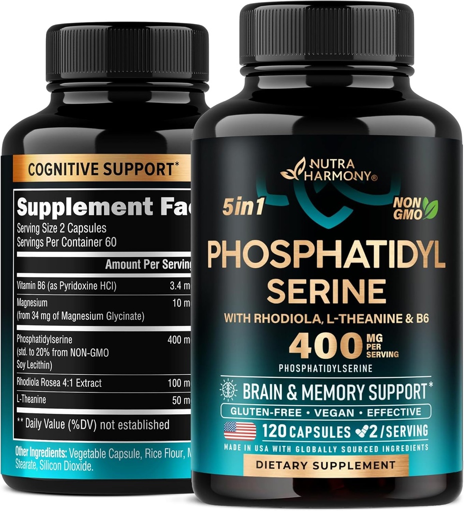 Fosfatidylserin 400 mg s L- theaninem, hořčíkem a vitaminem B6, Rhodiola Rosea - Brain, Memory & Focus Support - Certified Non- GMO, Přirozeně odvozené a biologicky dostupné - Made in USA - 120 Сapples