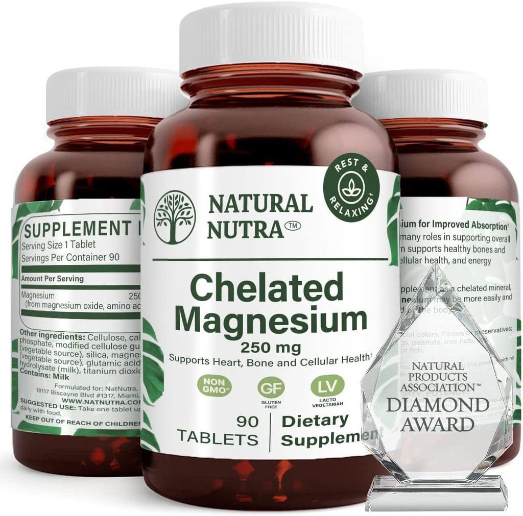 Natural Nutra Chelated Magnesium Oxide 250 mg - Vysoká absorpce pro silné kosti, srdeční zdraví, Energy Boost, Gluten- Free, Non- GMO, 90 tablet (3 balení) v BPA- Free Recyklable Glass Bottles