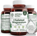 Natural Nutra Chelated Magnesium Oxide 250 mg - Vysoká absorpce pro silné kosti, srdeční zdraví, Energy Boost, Gluten- Free, Non- GMO, 90 tablet (3 balení) v BPA- Free Recyklable Glass Bottles