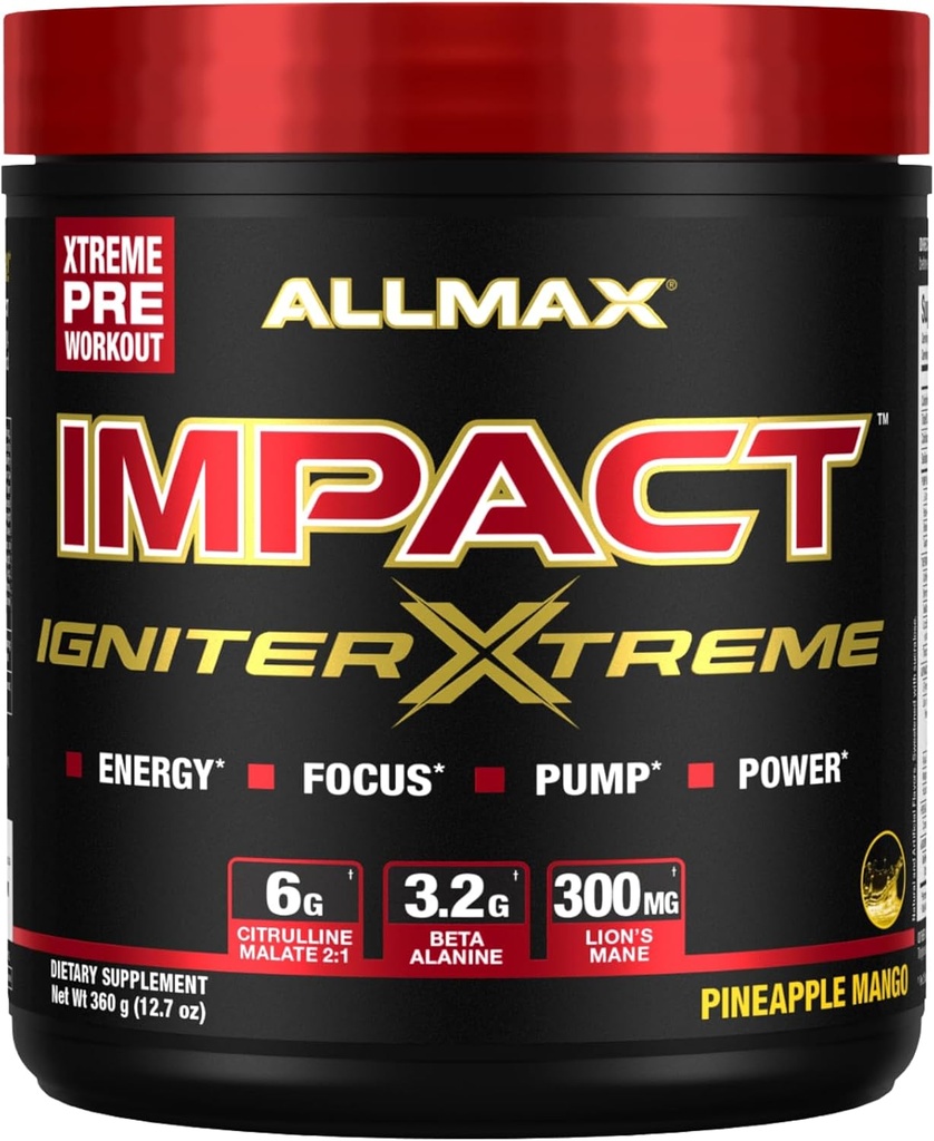 ALLMAX Nutrition - Impact Igniter Extreme Pre Workout Powder - with Citrulline Malate, Beta - Alanin, Caffeine, Taurin, and, Betaine anhydric (Ananasové mango)