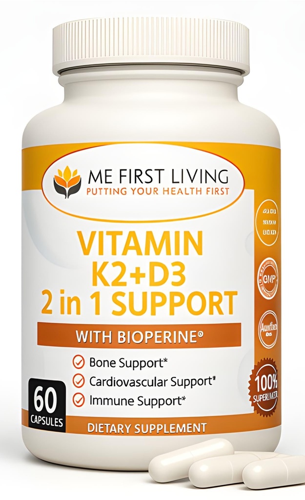 Me První žijící vitamin D3 K2 doplněk Kostní a srdeční zdraví Non- GMO Formule 125 MCG vitamin D3 & 100 MCG vitamin K2 MK-7 Snadno spolknout vitamín D & K komplex vápníku