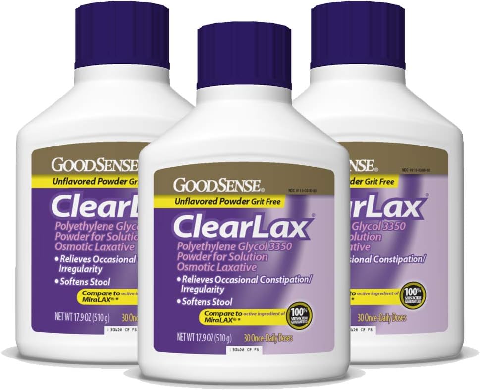 Dobrý smysl ClearLax, Polyethylenglykol 3350 Prášek pro přípravu roztoku, Osmotic Laxative, 53. 7 Oz, balení po 3 ks