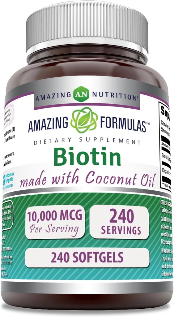 Úžasné biotiny s extra Virgin Organic Coconut Oil Dodatek 124; 10000 Mcg Oil 124; Softgels OF 124; Non- GMO OF 124; Gluten- Free Oil 124; Made in USA (1 balení, 240 Počet)