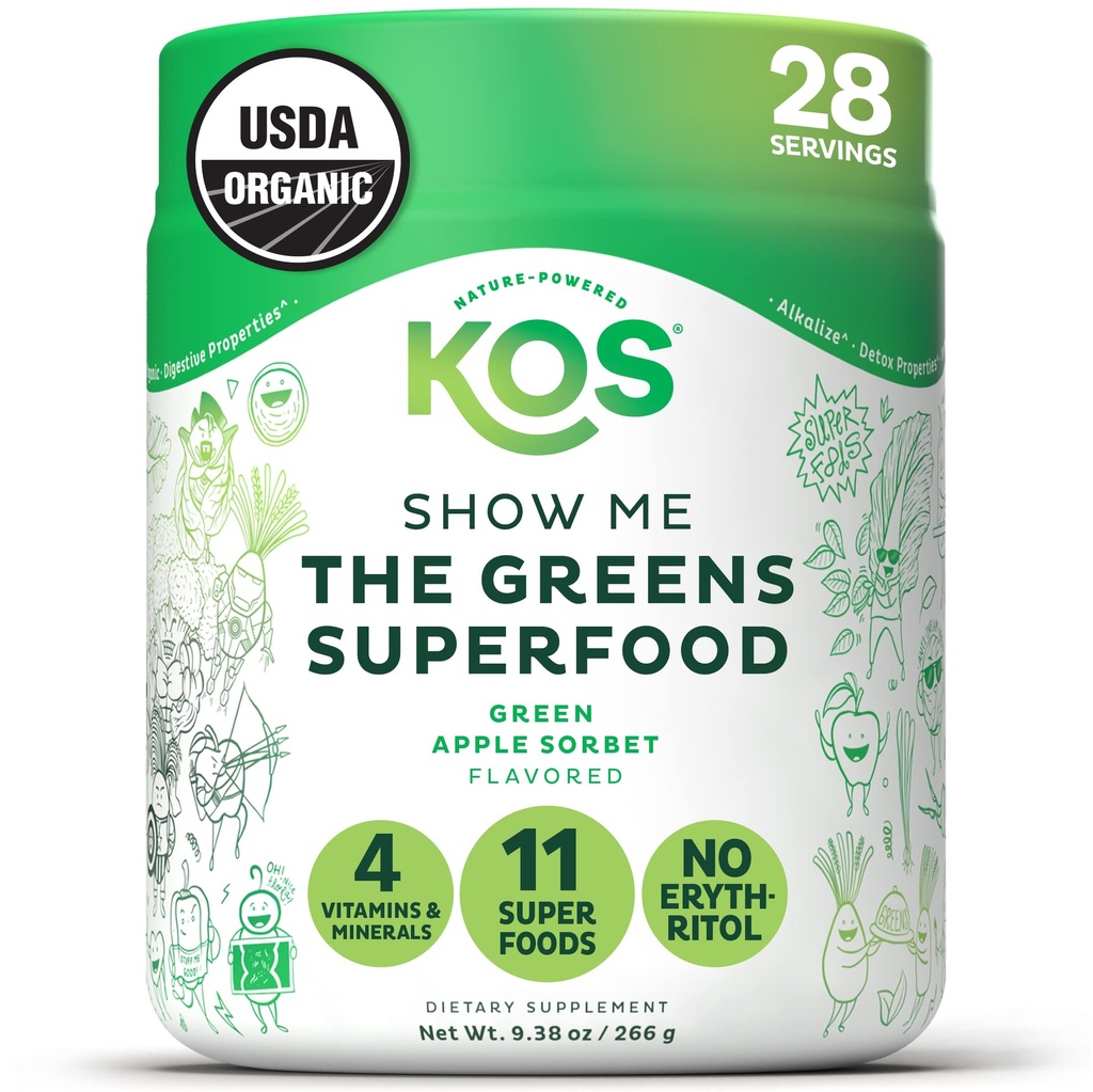 Kos Organic Super Greens Powder Erythritol Free - Plant based Superfood Blend with Spirulina, Chlorella & Wheatgrass - USDA Certified Organic, Green Juice Smoothie - Apple Flavor - 28 Služení
