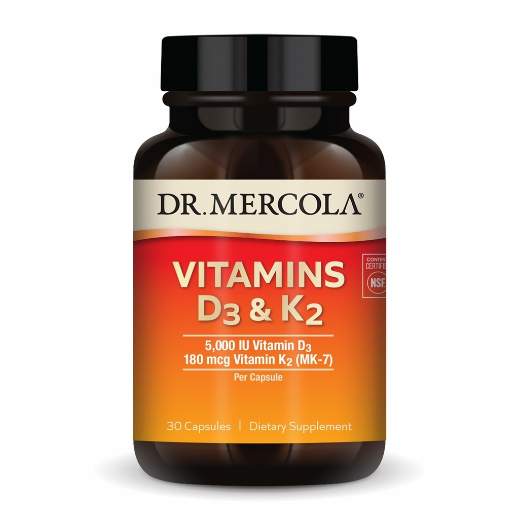 Dr. Mercola Vitamíny D3 & K2 - Podporuje imunitní, mozek, kardiovaskulární, Respirační a kostní zdraví - GMO- Free, Gluten- Free & Soy- Free - 30 Kapsle (30 Servings)