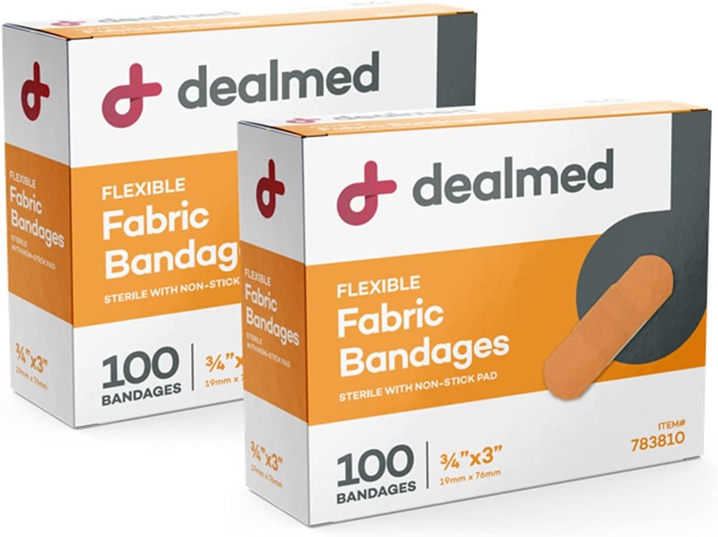 Dealmed Fabric Flexible Adhesive Obvazy - 100 Počet (2 balení) Obvazy s non-Stick Pad, Latex Free, Wound Care for First Aid Kit, 3 "x 3 / 4"