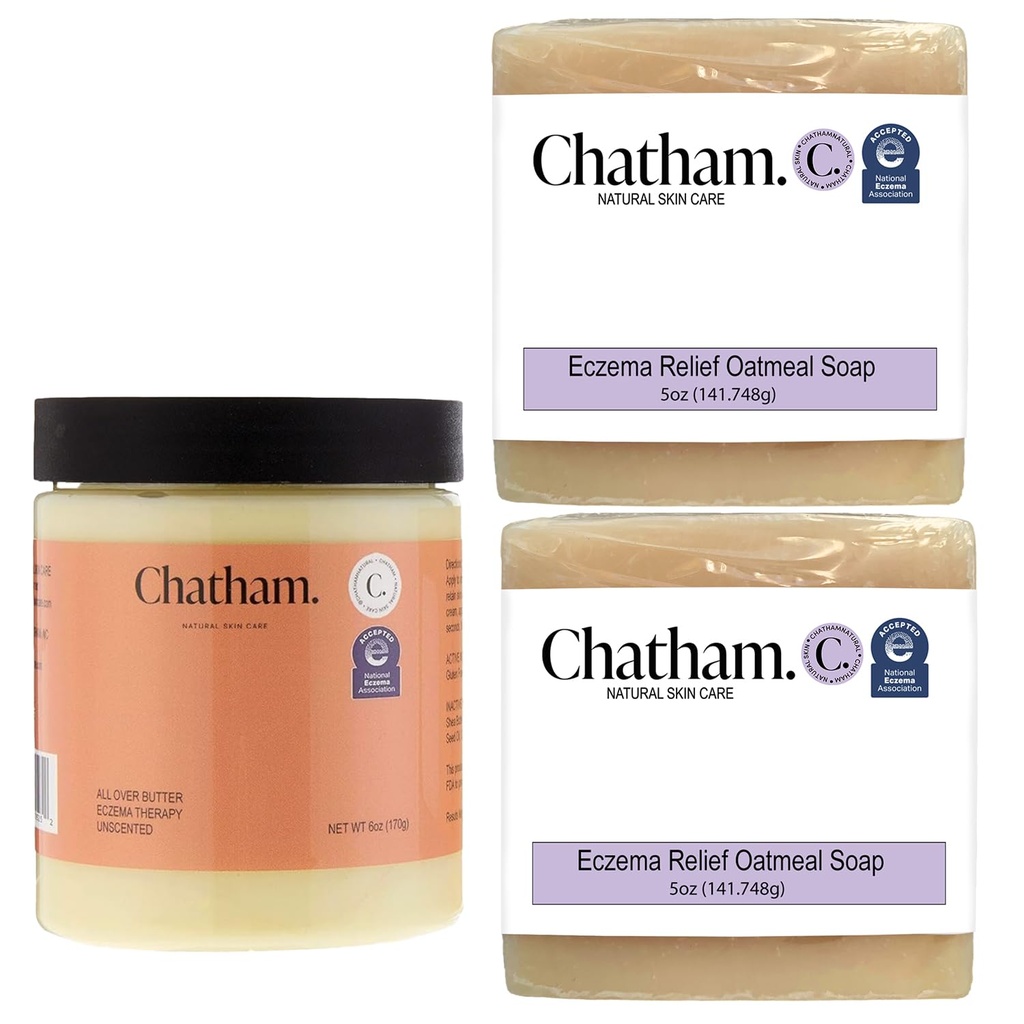 Chatham přírodní péče o pleť přes máslo Eczema Terapie 6 oz a 2 x Eczema Relief mýdlo Bary 5oz Bundle 124; S koloidní gluten zdarma ovesné vločky