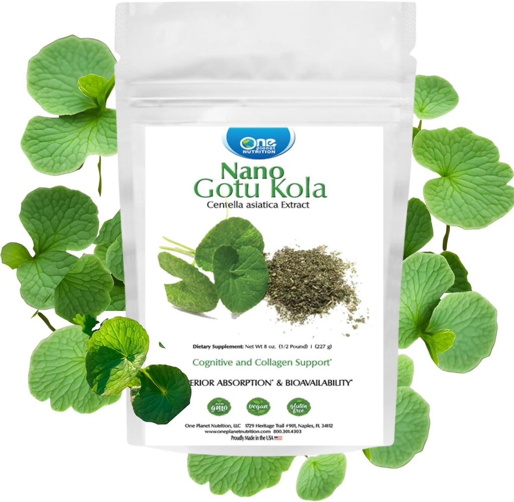 One Planet Nutrition Nano Gotu Kola Powder 8 oz (227 Servings), Gotu Kola Extract, Nano pro zlepšení absorpce, Zvyšování funkce mozku & kolagen Syntéza, Non- GMO, Vegan, gluten- Free