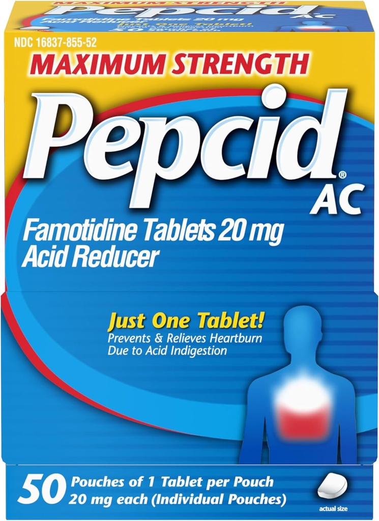 Pepcid AC Maximální síla Heartburn Relief Tablety, OTC medicína Prevents & Relives Heartburn & acid Reflux Vzhledem k kyselé inhalaci, 20mg Famotidin Acid Reducer, Fast- acting, 1 x 50 ct