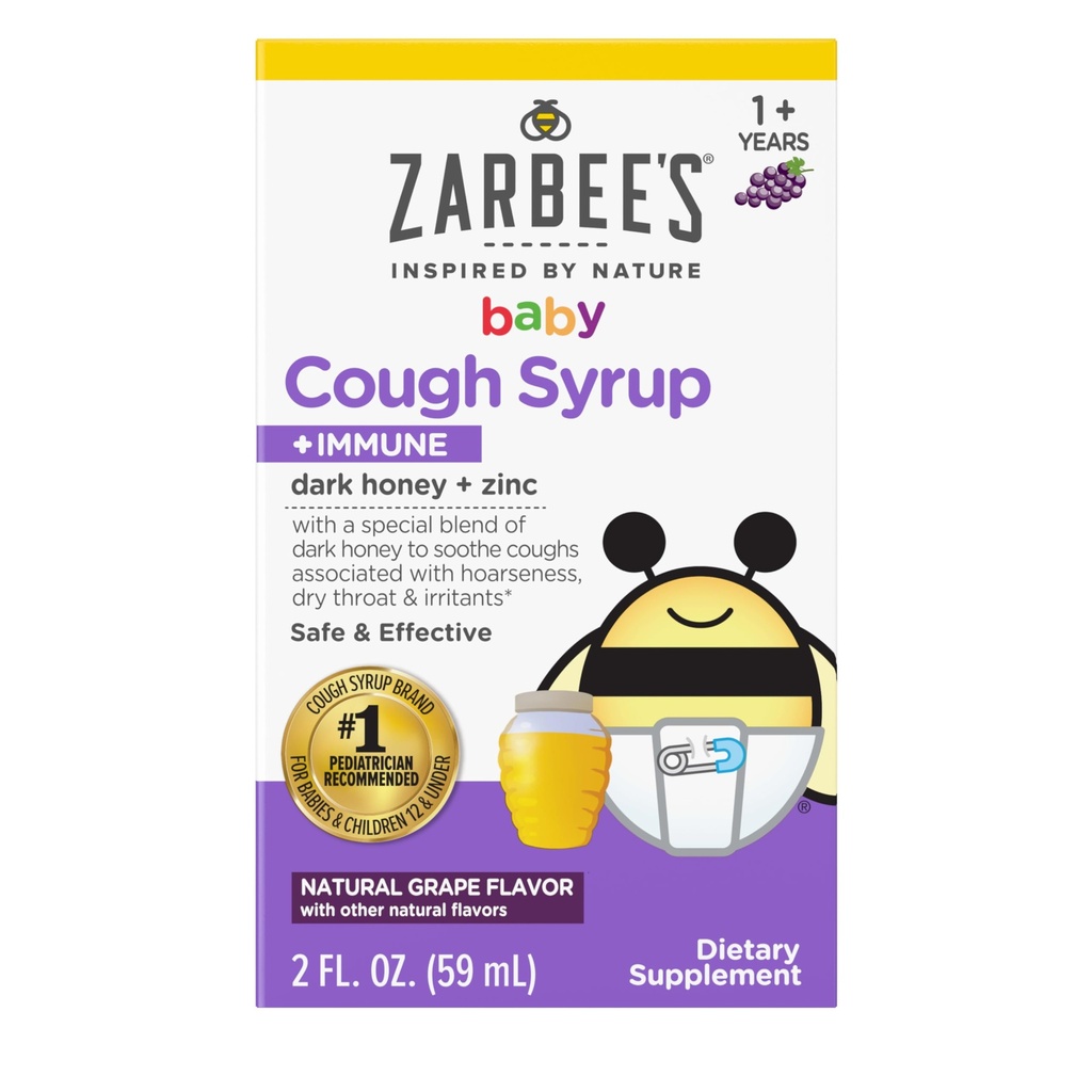 Zarbee 's Baby Honey Cough Syrup + Imunity for Babies 12-24 Months, Safe & Effective Cough Sirup with Soothing Dark Honey & Zinek for Immunology Support *, Drug & Alkohol- Free, Grape, 2 fl. Oz