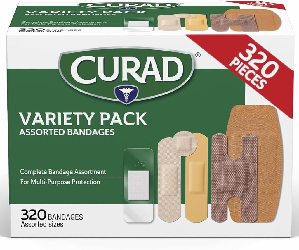 CURAD přitříděné obvazy Bulk Variety Pack 320 Počet 5 Styly včetně vodotěsné, Sheer, Plastové, Těžké Duty & Flex-Fabric First Aid Kit Essentials Chrání škrabky, Cuts & Burns