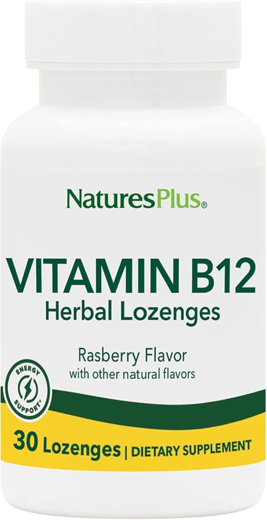 Natures Plus B12 Bylinné Lozengy (Methylkobalamin) - 1000 mcg, 30 Sublingual Lozenges - Malina - Maximální absorpce Red Blood Cell Support - Energy Booster - Vegetarian, gluten- Free - 30 Služeb