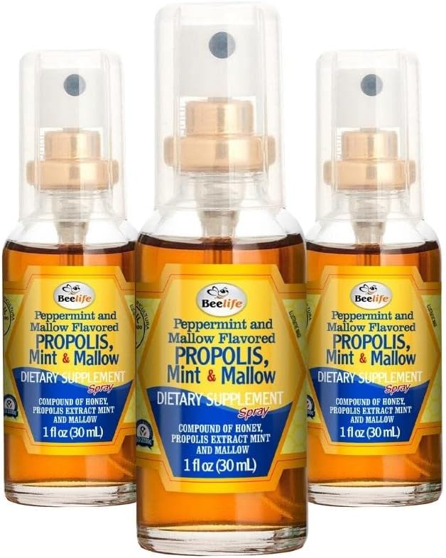 Beelife Propolis Krční sprej - Mýdlo Med, Mint & Malva Propolis Spray - Natural Imunitation Support & Sore Throat Relief - Bee Propolis - Antioxidanty, Flavonoidy & Artepilin C, Gluten- Free - 3-Pack