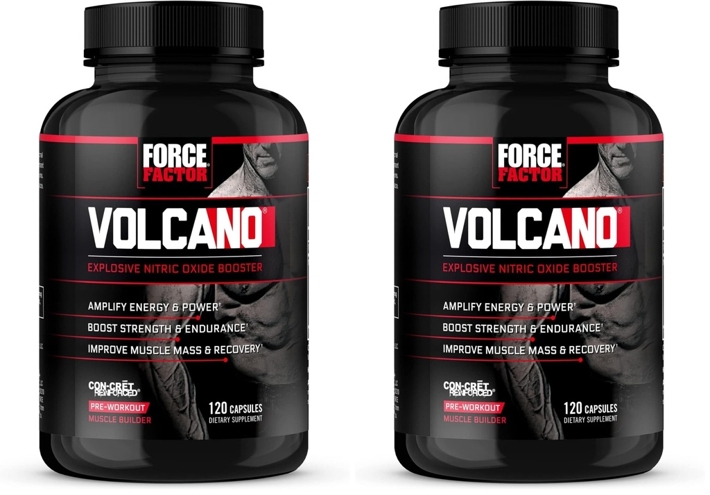 Force Factor Volcano Pre Workout Nitric Oxide Booster Supplement for Men with Creatine & L-Citrulline to Boost and Energy, Help Build Muscle, Better Pump and Workout, 120 Capsules (Pack of 2)