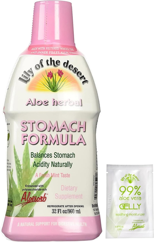Lily of The Desert Stomach Formule, Organic Aloe Vera Juice with Slippery Elm, Hemomile, Peppermint, and Ginger for Gut Health, Acid Reflux, Heartburn Relief, 32 Oz, Gelly Sachet Included.