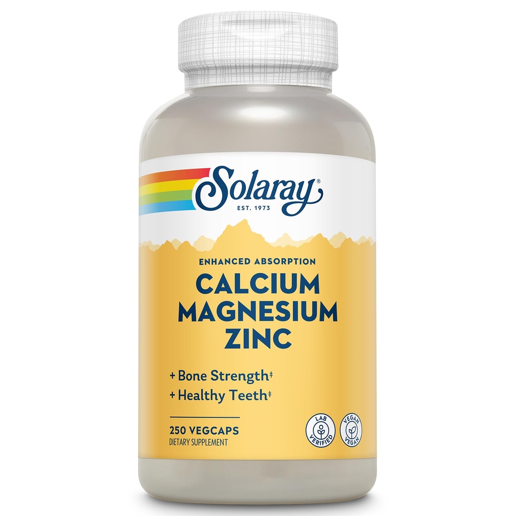SOLARAY vápník Magnesium zink dodatek - s vápníkem 1000mg, hořčík 500mg - zdraví kostí, svalové funkce, srdeční zdraví a imunitní podpora - Vegan, 60 denní záruka, 62 Služeb, 250 VegCaps