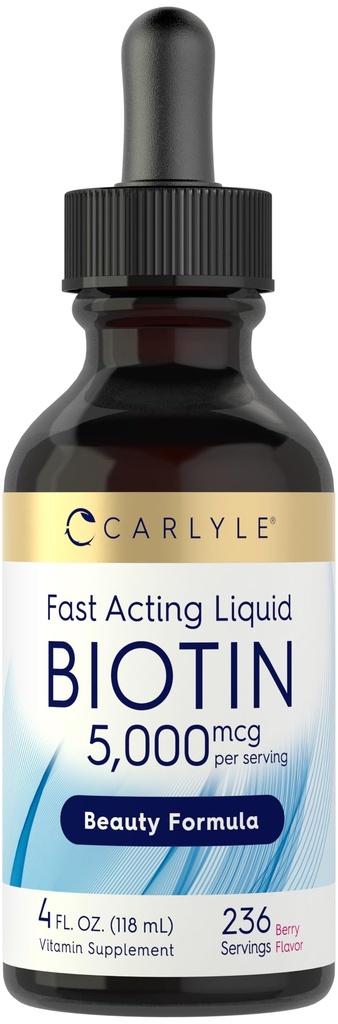 Carlyle Biotin 5000mcg Liquid Drops CLAS124; 4 fl oz CLAS124; pro ženy a muže CLAS124; Berry Flavor CLAS124; Beauty Formule CLAS124; Vegetarian, Non- GMO & Gluten zdarma dodatek