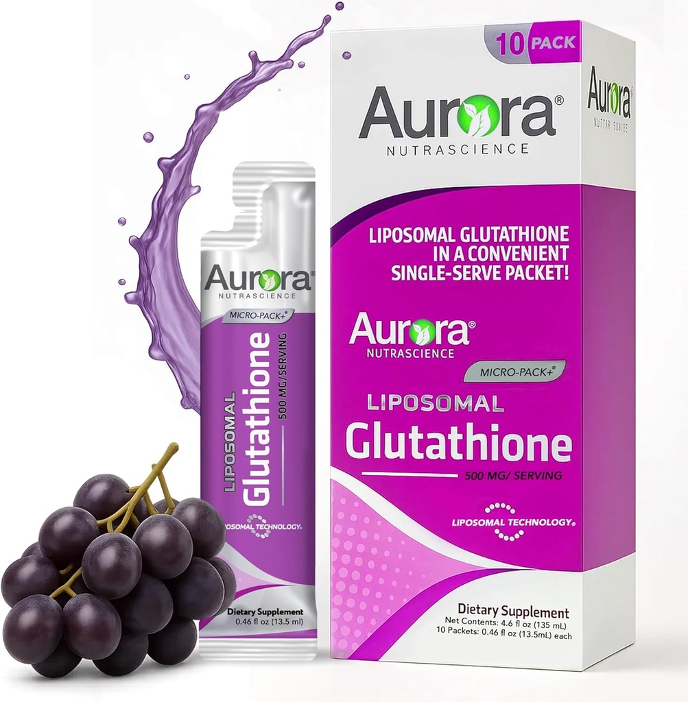 Aurora Nutrascience Micro- Liposomal Liquid Glutathione, Imunity & Antioxidant Gut Health Supplementary Supplementary, 500 mg per Serving, gluten Free, Non- GMO, Sugar- Free, 10 Single- Serve Packets