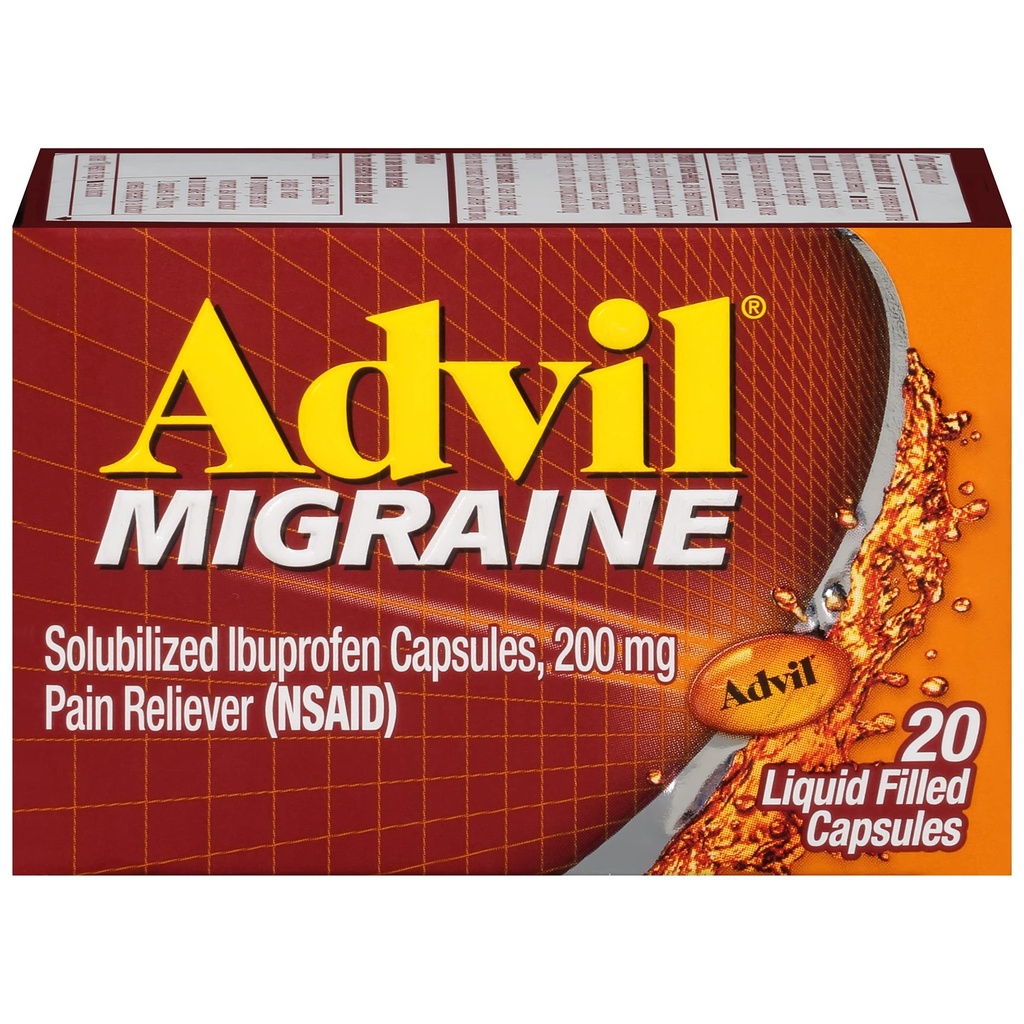 Advil Migréna Relief bolesti hlavy, Ibuprofen Kapsle s Ibuprofen 200mg pro Migréna Relief, Nausea Relief a lehké citlivost Relief - 20 tekuté plněné kapsle