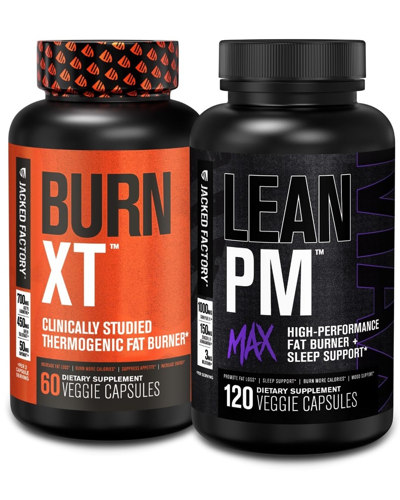 Jacked Factory Burn-XT Klinicky zkoušená termogenní váhová ztráta (60 kapslí) - Lean PM MAX Sleep Aid (120 kapslí) pro potlačení appetit (180 kapslí)