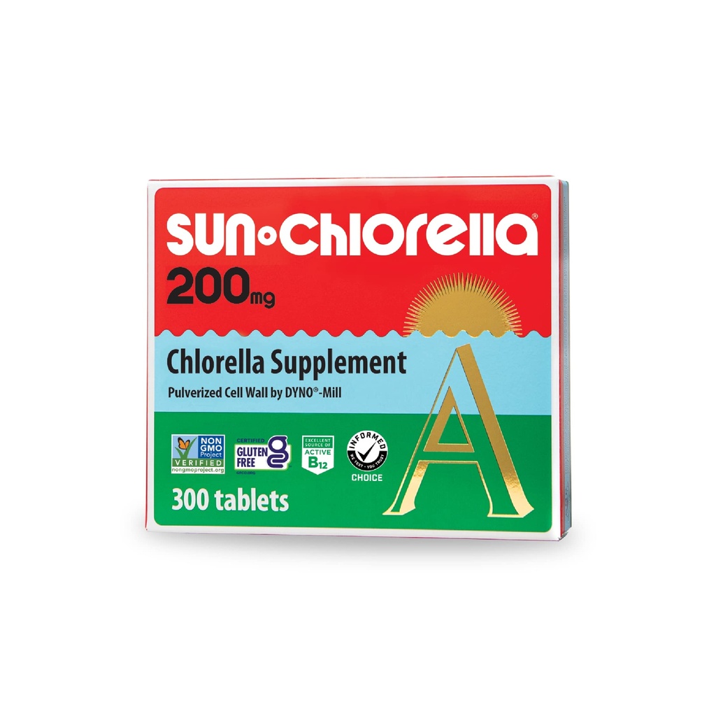 Sun Chlorella 200 mg Zelená Řasy Superfood Dodatek - Pulverized Cell Wall - chlorofyl, CGF, aktivní B12, železo, protein - Non- GMO - 300 Tablety