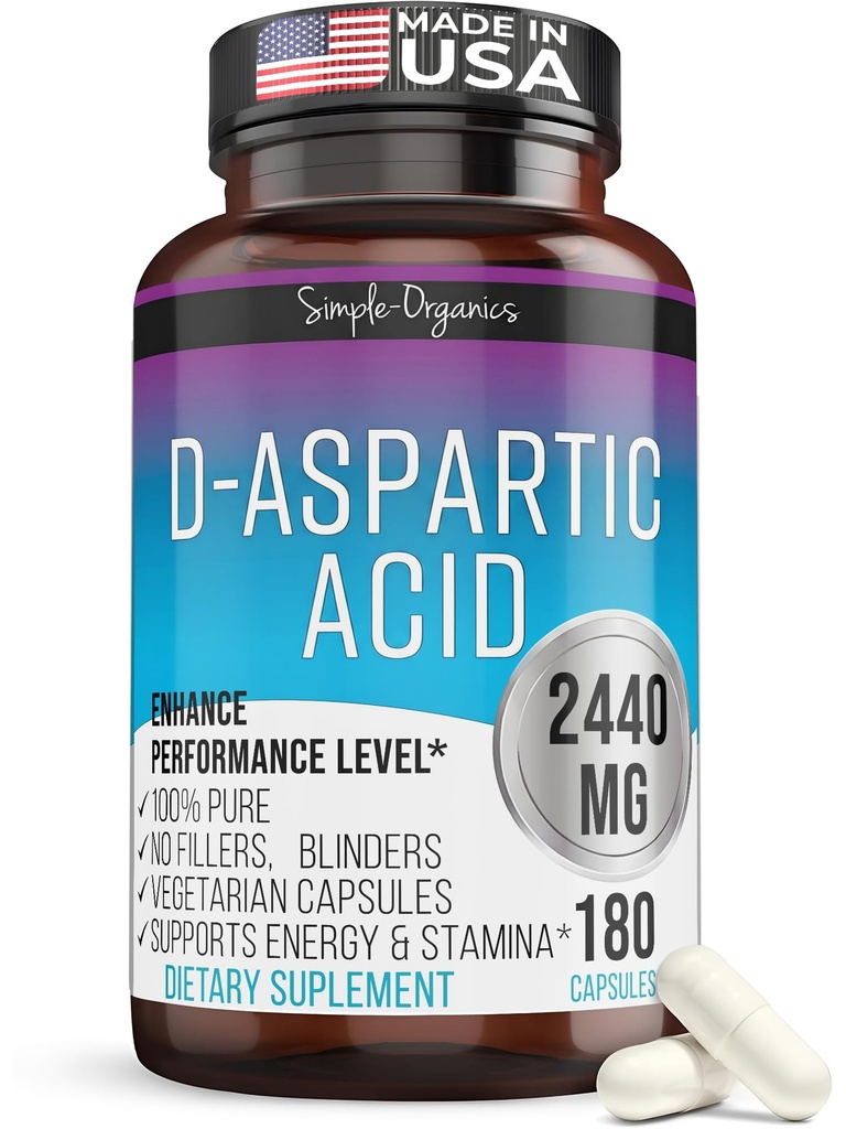 Kaibro Nutra D- aspartová kyselina dodatek pro muže, 2440mg D- aspartová kyselina per Serving, Energy & Testosteron Support, gluten- Free Non- GMO, 180 Vegan Kapsle