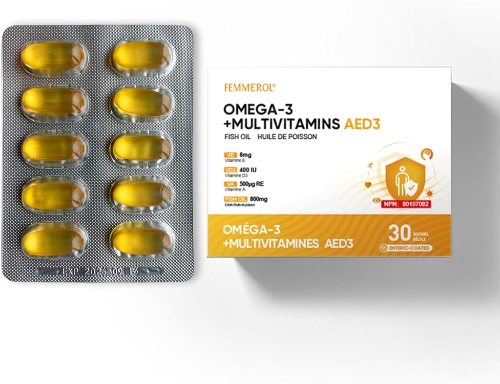 Multivitaminy s Omega33, Multivitamin pro ženy a muže, Enteric Coated Fish Oil DHA / EPA s vitaminem A, vitaminem E a vitaminem D3 pro podporu imunitních funkcí (1 box _ 30 Softgels)
