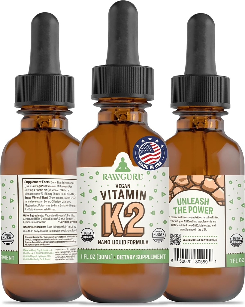 RawGuru vitamin K2 dodatek - Organic Vegan Vitamin K2 MK7 s stopovými minerály - Nano- Zpracovaný antioxidant a imunitní podpůrný dodatek Tinktura - 30 Podání Veganských kapek na 30 ml, Balení 1