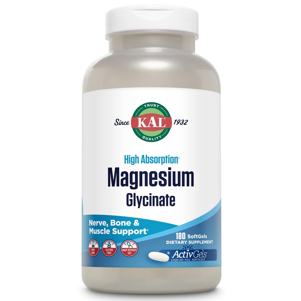 Kal Magnesium Glycinate Activgels 315mg, Plně chelated, High Absorption Magnesium Supplemente for Relaxation, Muscle & Bone Support, Non- GMO, Gluten Free, 60 Servings, 180 Softgels