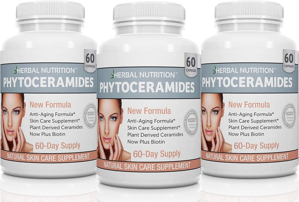 Bylinné nutriční fytoceramidy z rýže s biotinovým vitamínem A, C, D a E, Tři balení po lahvičce, 180 tobolek 40 mg