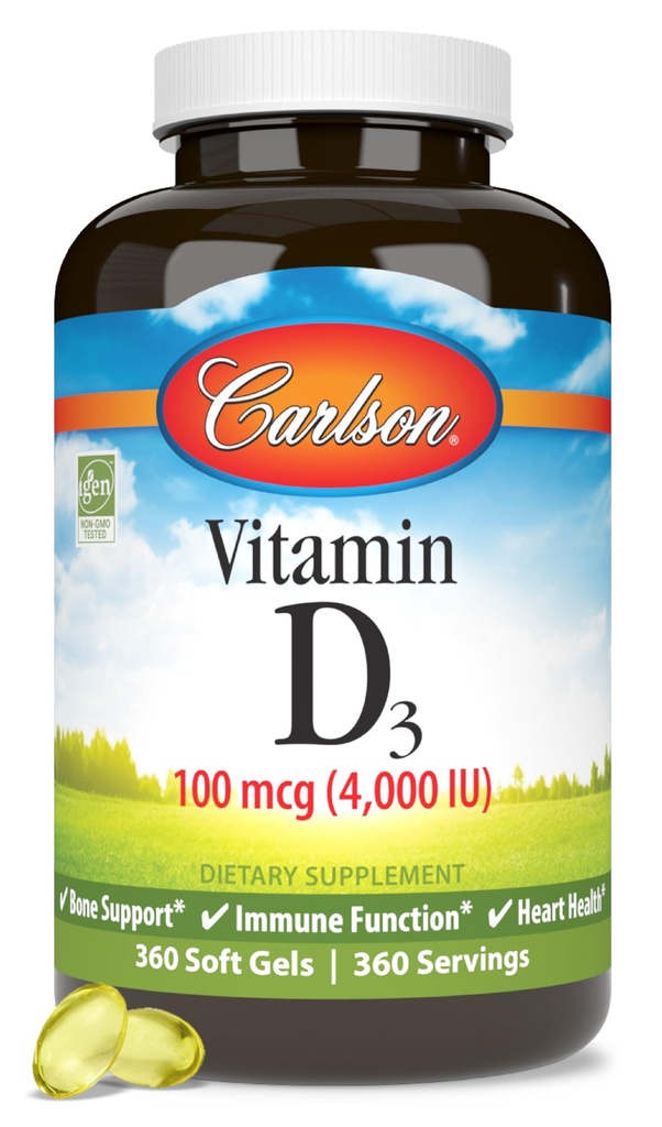 Carlson - Vitamin D3, 4000 IU (100 mcg), Bone & Imunitary Health, Cholekalciferol dodatek, Lepek zdarma vitamín D Kapsle, 360 Softgels