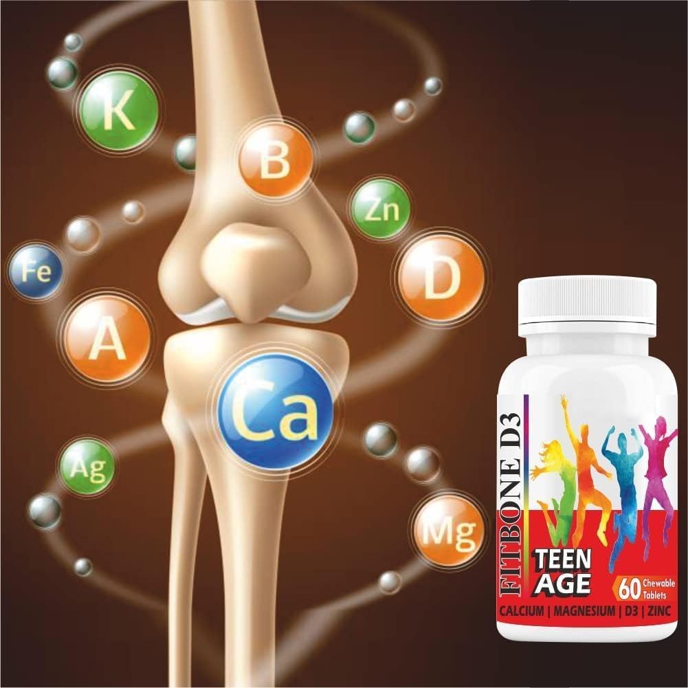 Minton Well- C Fitbone d3 vápník pro děti Teenageři s hořčíkem zink vitamin D a B12 pro silné kosti 124; Imunita 124; Růst 124; Výška (10- 16 let) -60 Žvýkací tablety