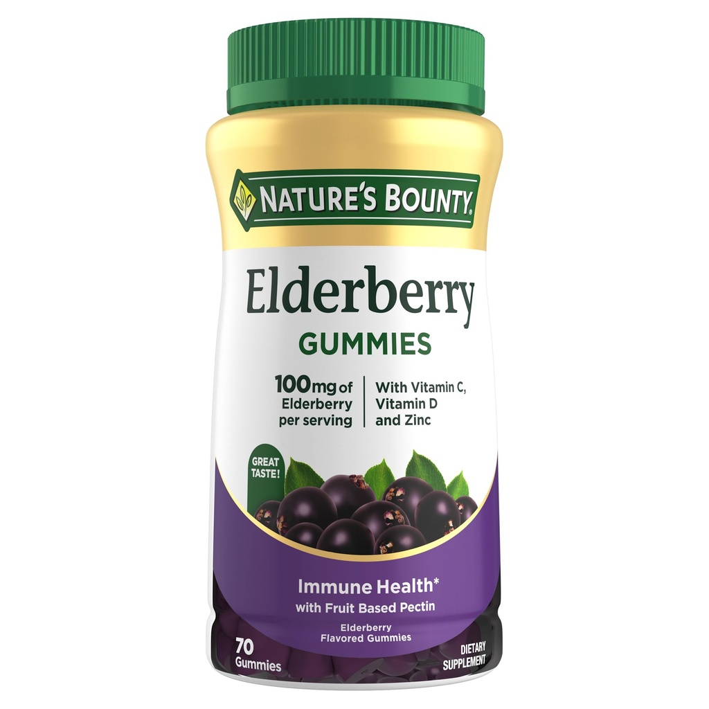 Přírodní Bounty Elderberry Gummies, Dietní dodatek, Podporuje imunitní zdraví, Obsahuje vitamín A, C, D, E a zinek, 100 mg, 70 Gummies