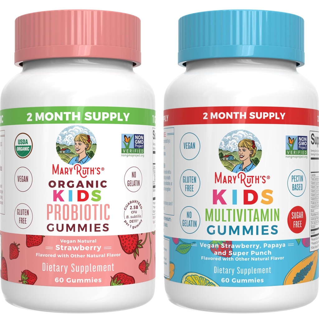 MaryRuth Organics Multivitamin a Probiotické gumové (Strawberry) pro děti 124; Clean Label Project Ověřené ® Gut Health, Imunity, & Celkově Wellness Gumberry 124; Vegan, Non- GMO, Gluten Free